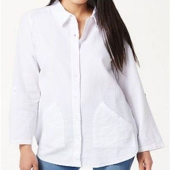 B-894 Denim & Co. Waffle Button Front Long-Sleeve Collared Tunic WHITE size XXS - Picture 1 of 1